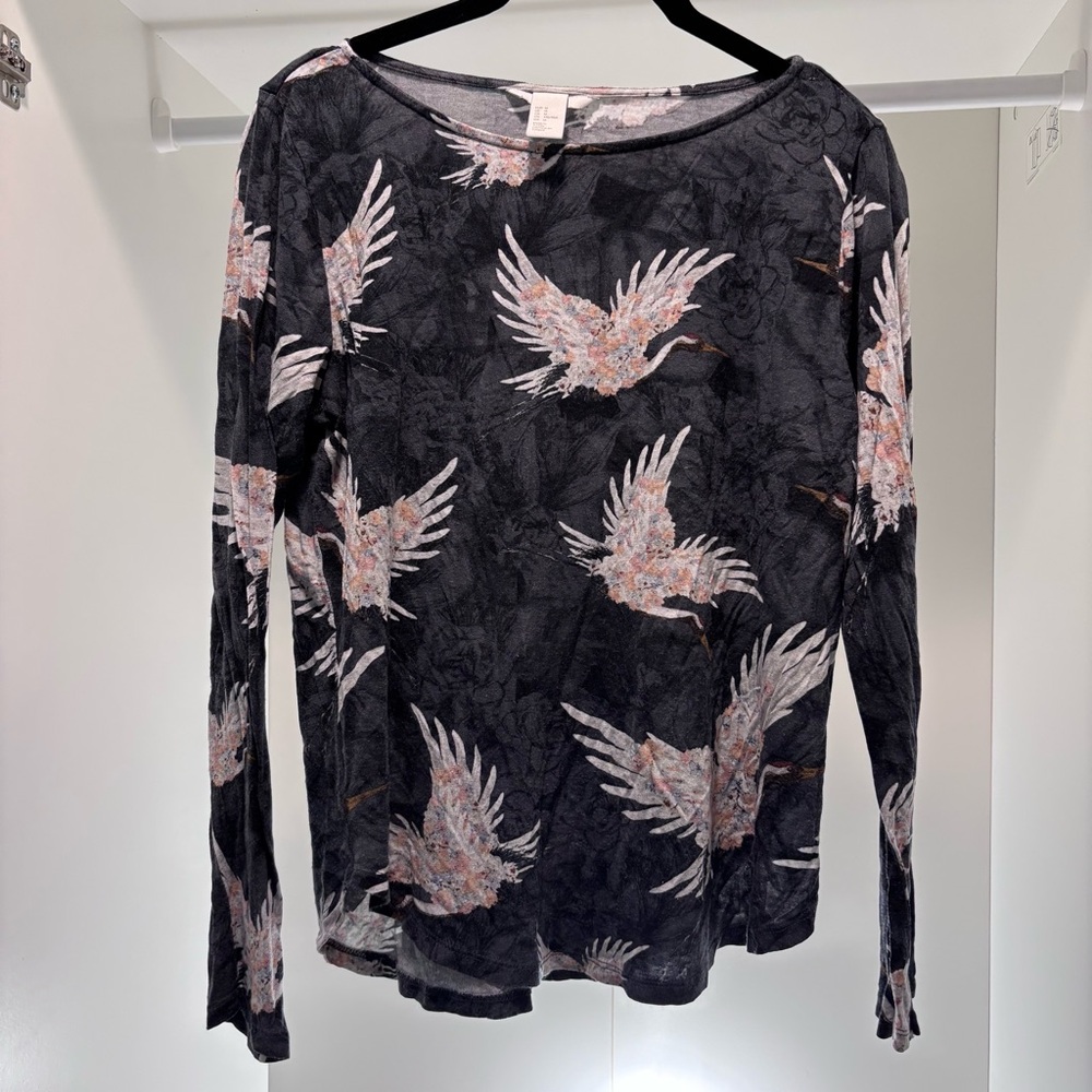 Long Sleeve Heron bird Print Top - Navy and Pink